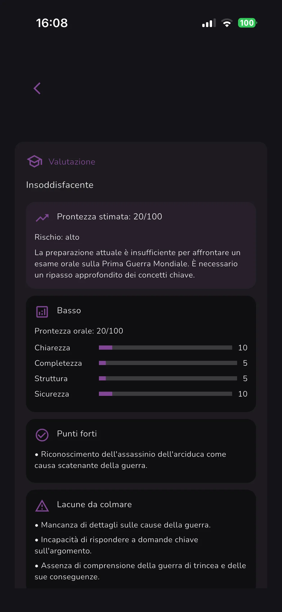Dashboard feedback e progressi StudyVoice